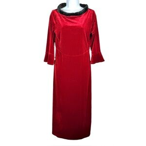 Vintage Kathie Lee Collection Red Velvet Dress Black Faux Collar